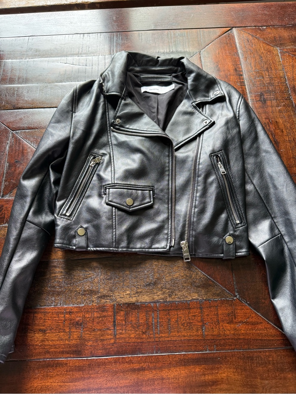 Bershka Black Faux Leather Cropped Moto Jacket